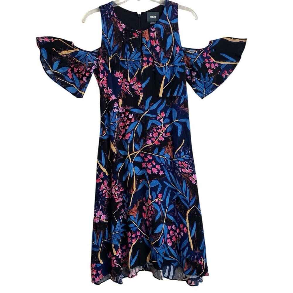 Anthropologie Maeve Elia Dress Womens Sz 6 Black Blue‎ Floral Cold Shoulder Midi